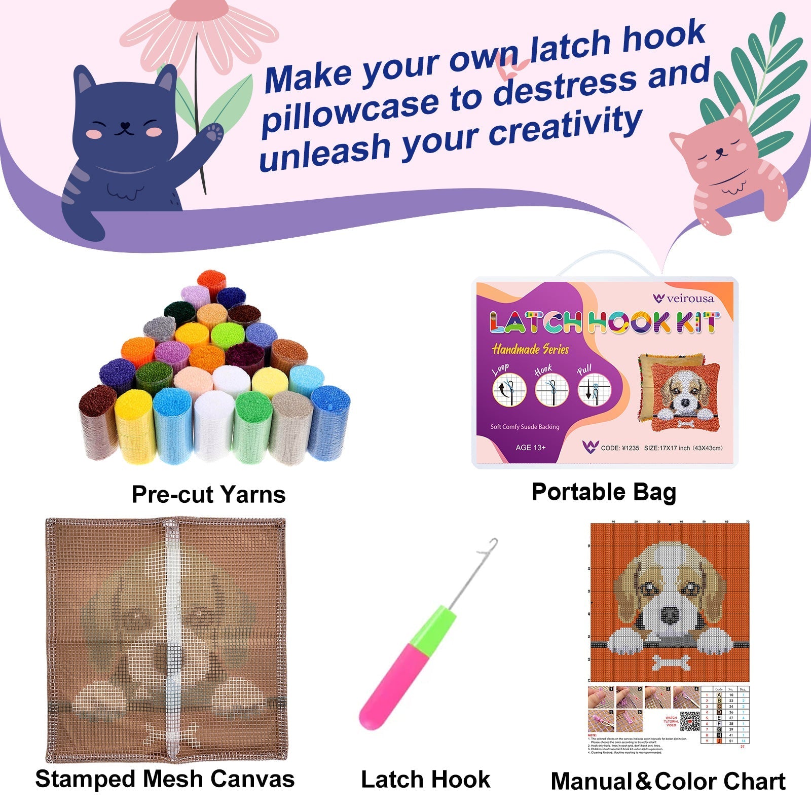 Rainbow Unicorn Latch Hook Pillow Kit
