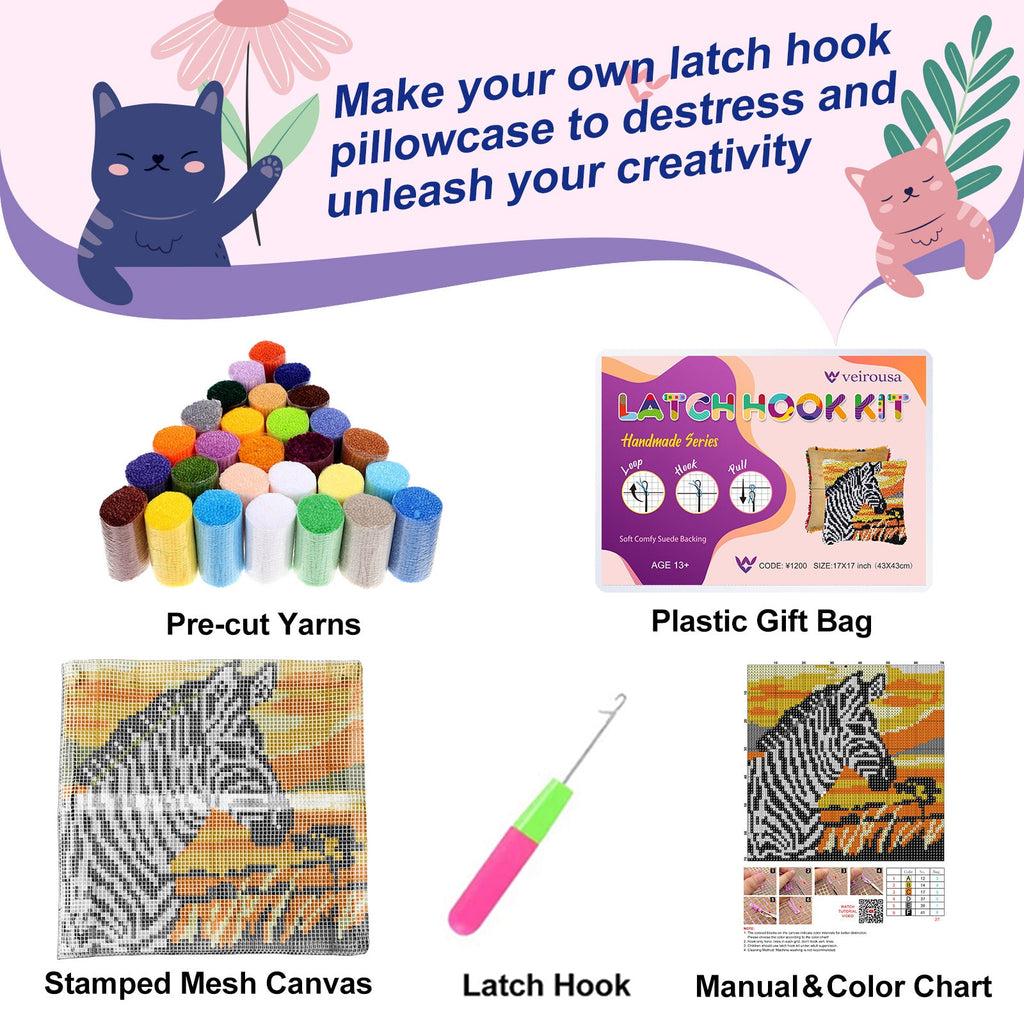 Zebra & Sunset Latch Hook Pillow Kit