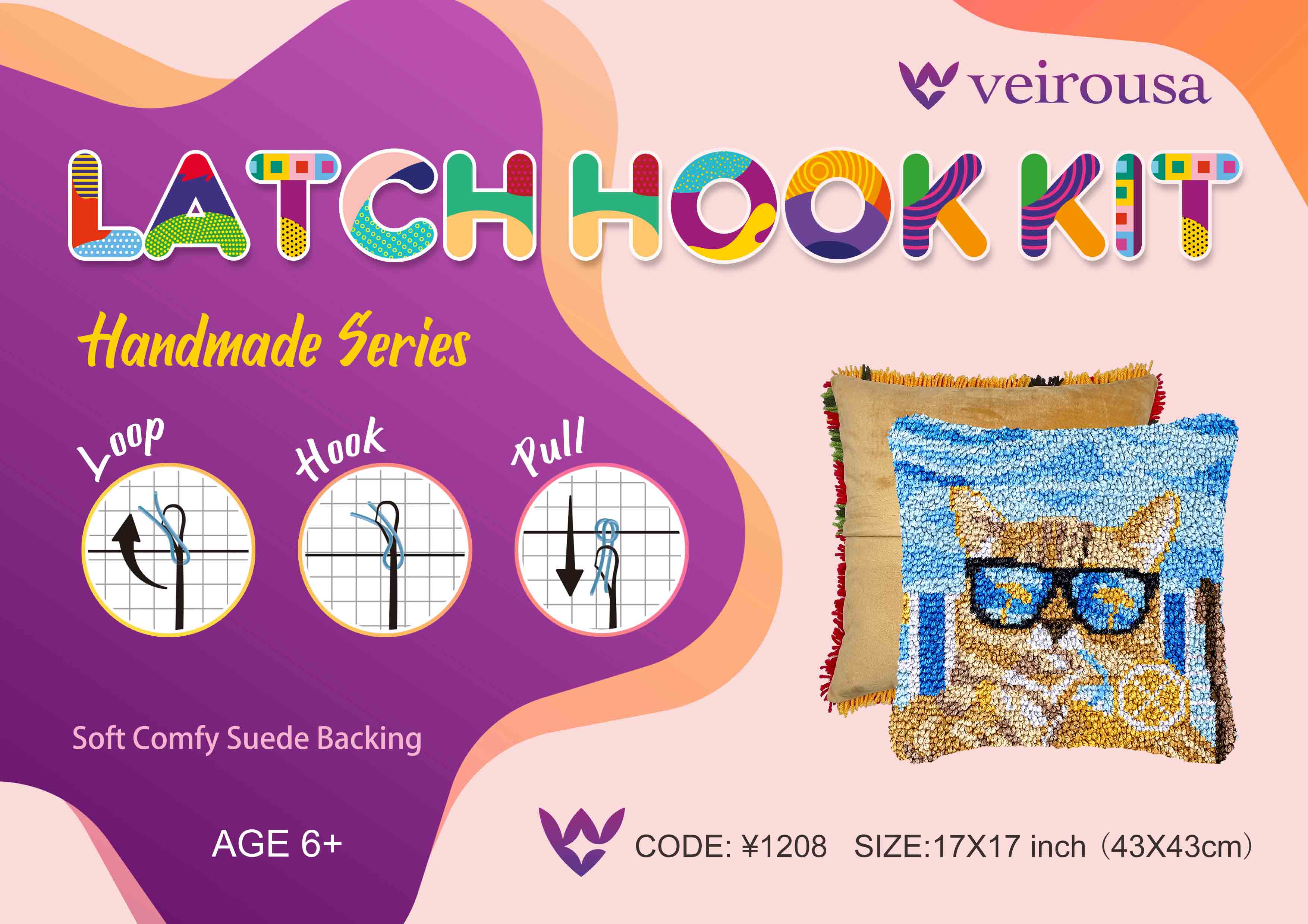 Cool Orange Cat Latch Hook Pillow Kit