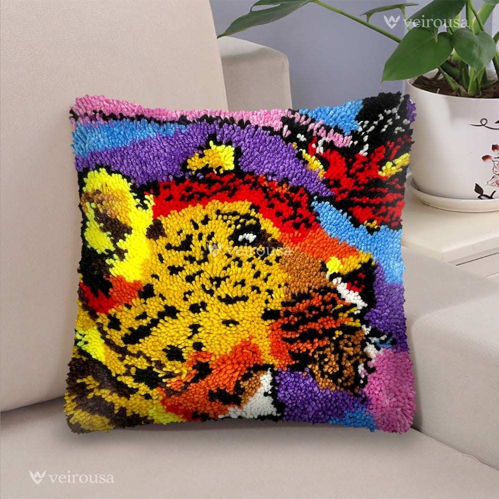 Veirousa Leopard and Butterfly Encounter Latch Hook Pillow Kit